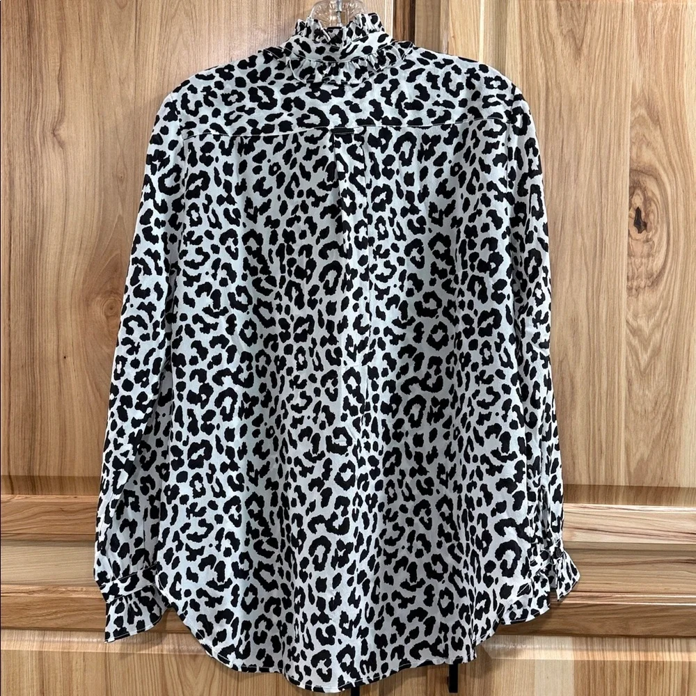 J. Crew Black and White Silk Animal Print Button Down Tie Neck Preppy Top